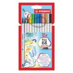 STABILO Pen 68 brush - Premium Fibre-Tip Pen - Wallet of 12 Assorted Colours