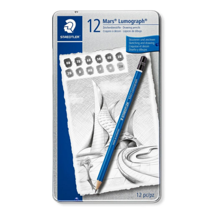 Staedtler Mars Lumograph 100 - Drawing Graphite Pencil SETS - Metel Tin Box of 12